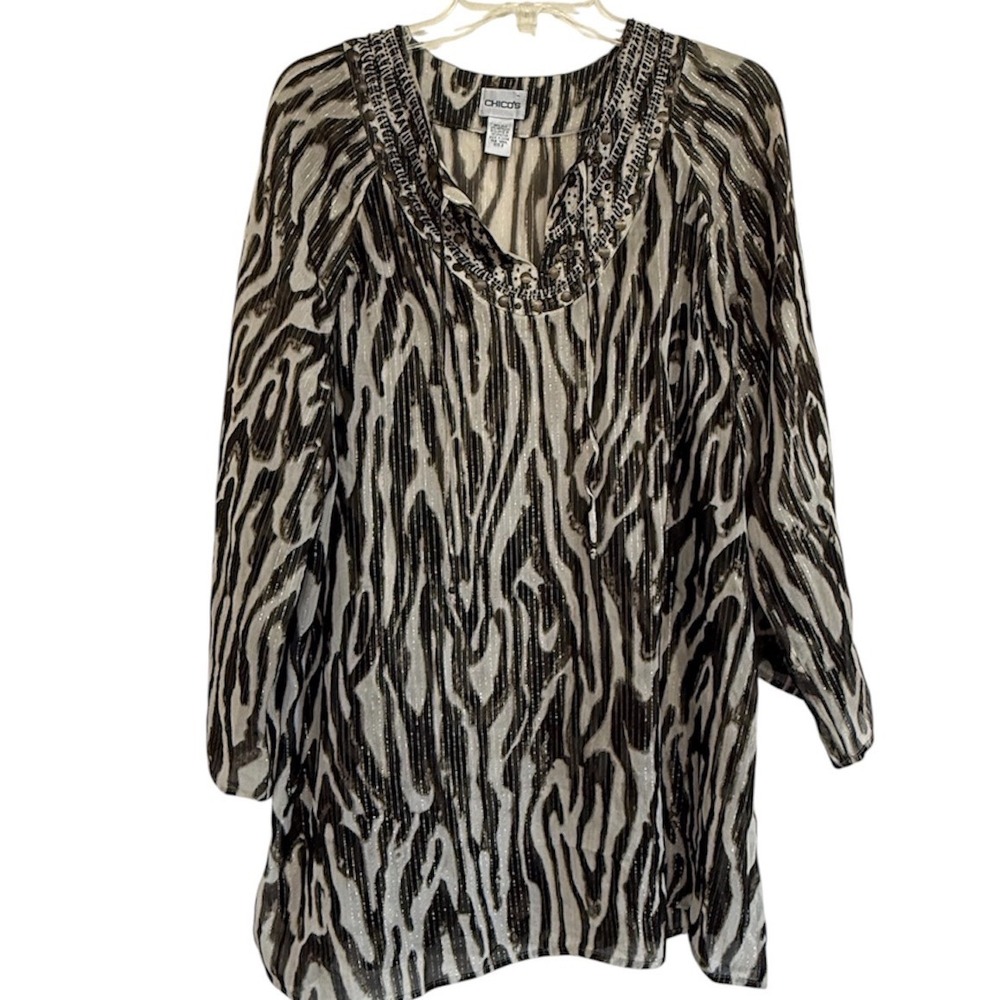 Chicos Silk Metallic Zebra Print Embellished Tunic Top Brown Gold Size 2 L Large